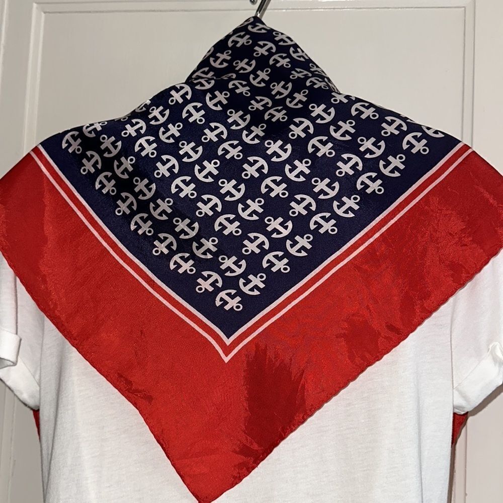 Vtg 60s Glensder Textile‎ red, white & blue anchor print nautical themed scarf - Picture 8 of 8
